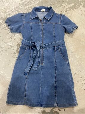 Wishlist Blue Denim Zip-Front Dress with Tie Belt